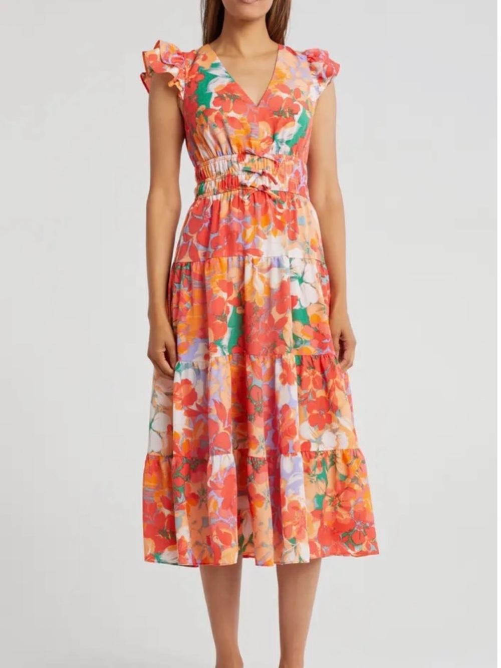 Vince Camuto Coral Multi Floral V-Neck Tiered Midi Dress Sz 6